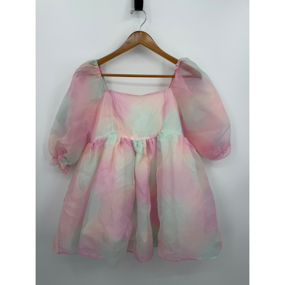 Unbranded Organza Puff Sleeve Babydoll Dress Women M Pastel Watercolor Ombre